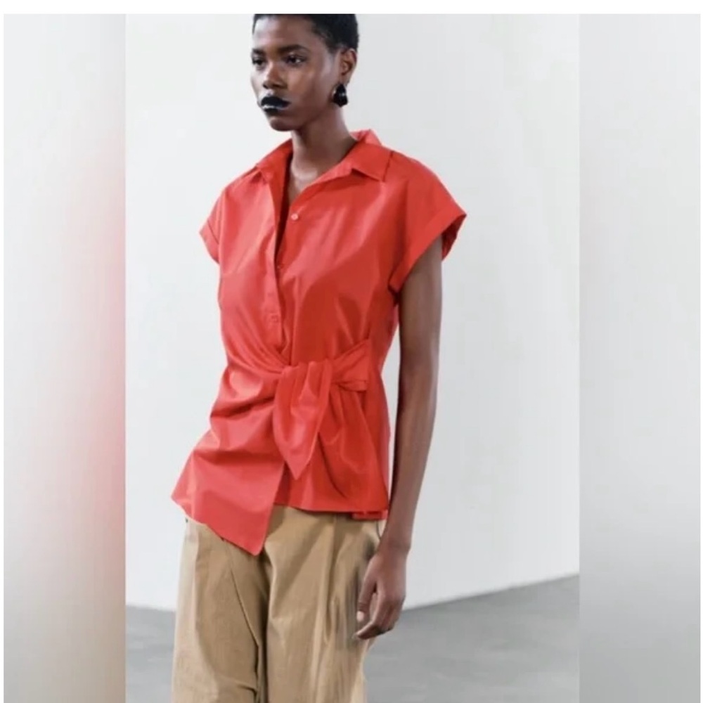 ZW COLLECTION KNOTTED POPLIN SHIRT RED. Size L, M - Picture 2 of 10
